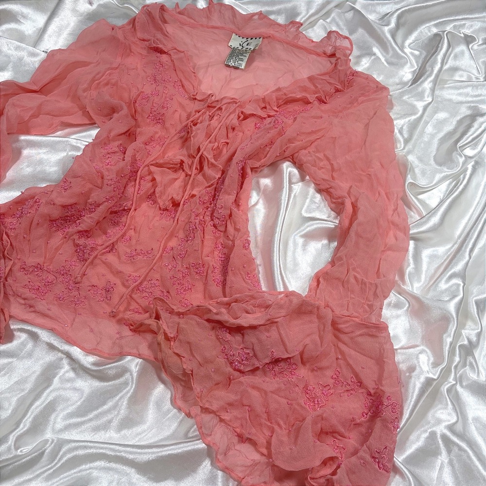 y2k Blouse Pink Excellent Silk Beaded Embroidered Ruffle Bell Sleeve Top